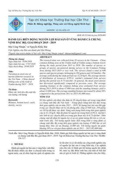 Đánh giá biến động nguồn lợi hải sản ở vùng đánh cá chung Vịnh Bắc Bộ, giai đoạn 2015 - 2019