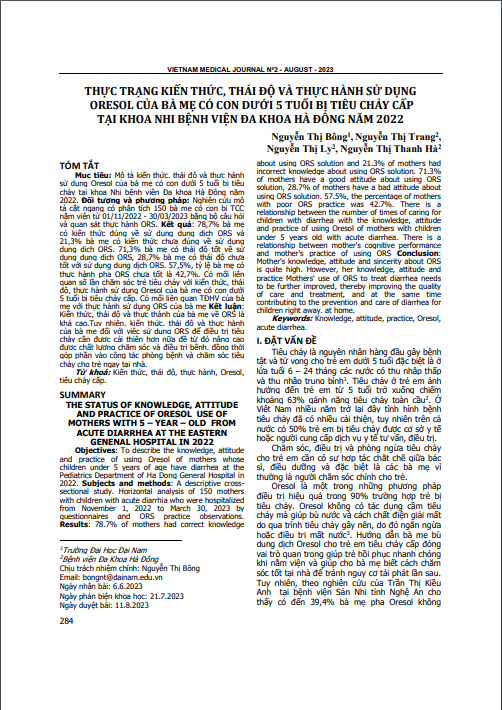 Thực trạng kiến thức, thái độ và thực hành sử dụng oresol của bà mẹ có con dưới 5 tuổi bị tiêu chảy cấp tại Khoa Nhi Bệnh viện Đa khoa Hà Đông năm 2022