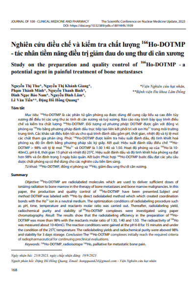 Nghiên cứu điều chế và kiểm tra chất lượng 166Ho-DOTMP - tác nhân tiềm năng điều trị giảm đau do ung thư di căn xương