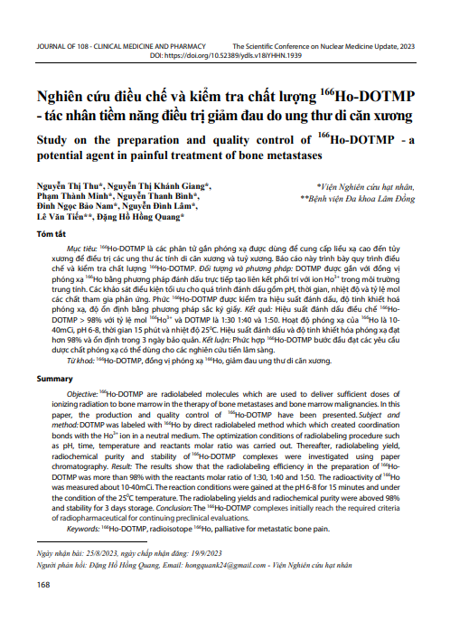 Nghiên cứu điều chế và kiểm tra chất lượng 166Ho-DOTMP - tác nhân tiềm năng điều trị giảm đau do ung thư di căn xương