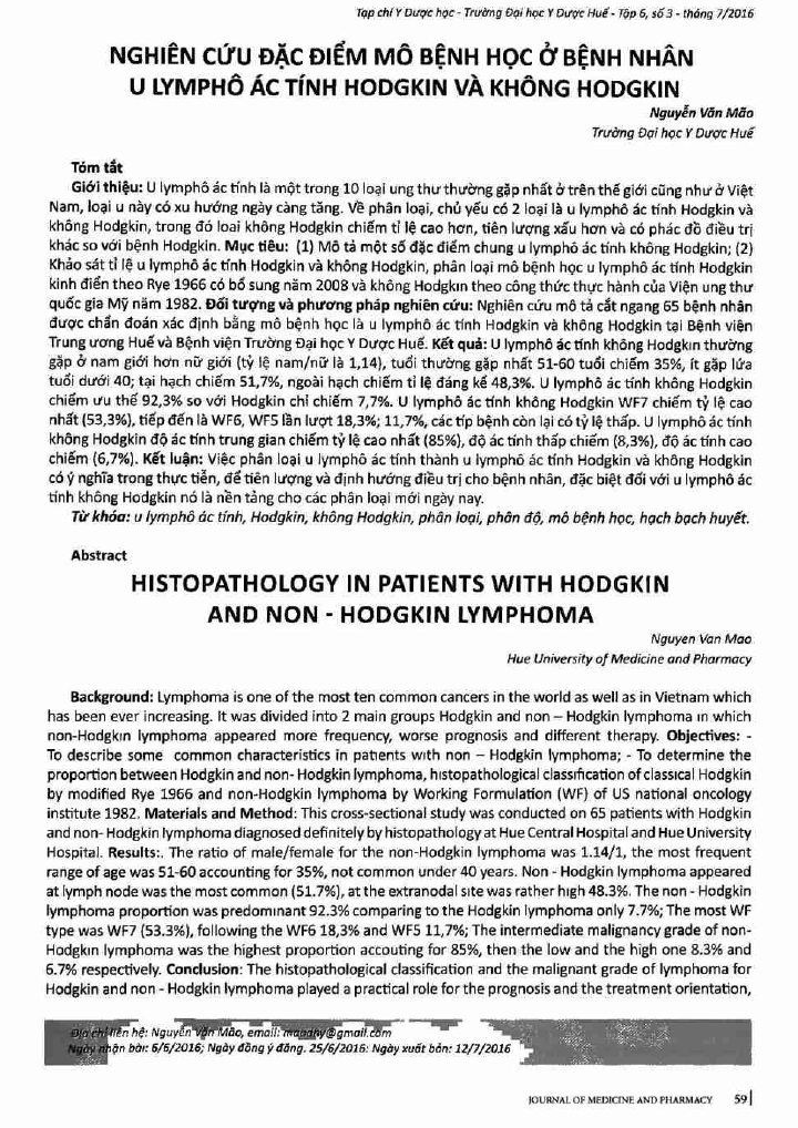 Nghiên cứu đặc điểm mô bệnh học ở bệnh nhân u lympho ác tính Hodgkin và không Hodgkin