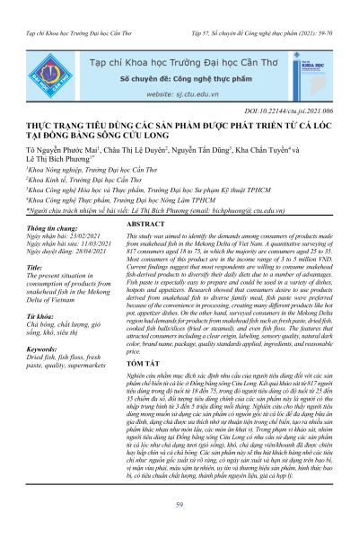 Thực trạng tiêu dùng các sản phẩm được phát triển từ cá lóc tại Đồng bằng sông Cửu Long