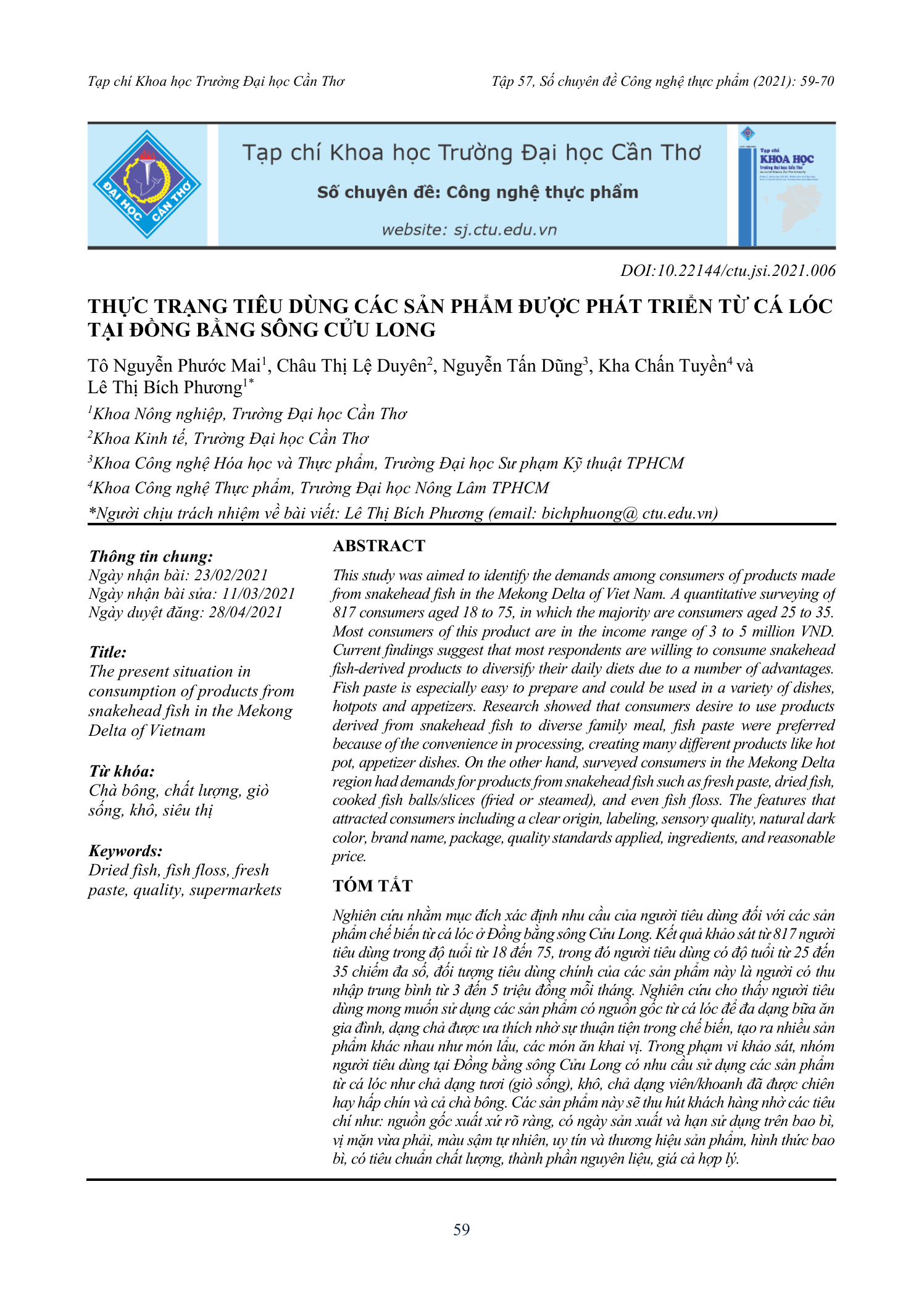 Thực trạng tiêu dùng các sản phẩm được phát triển từ cá lóc tại Đồng bằng sông Cửu Long