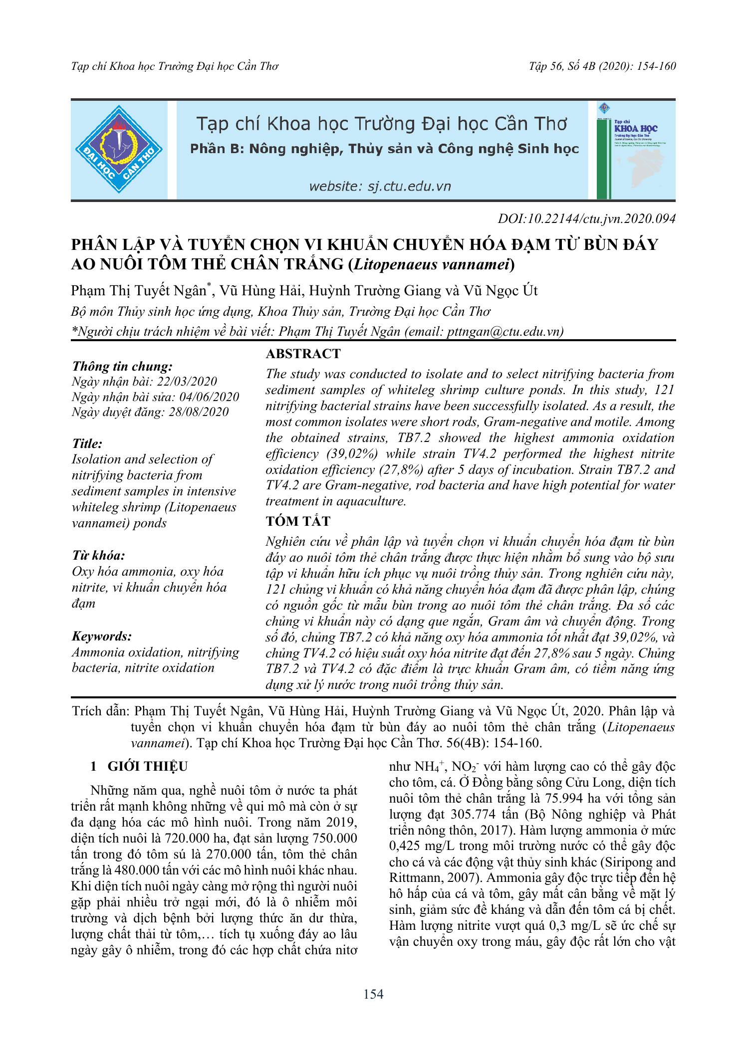 Phân lập và tuyển chọn vi khuẩn chuyển hóa đạm từ bùn đáy ao nuôi tôm thẻ chân trắng (Litopenaeus vannamei)