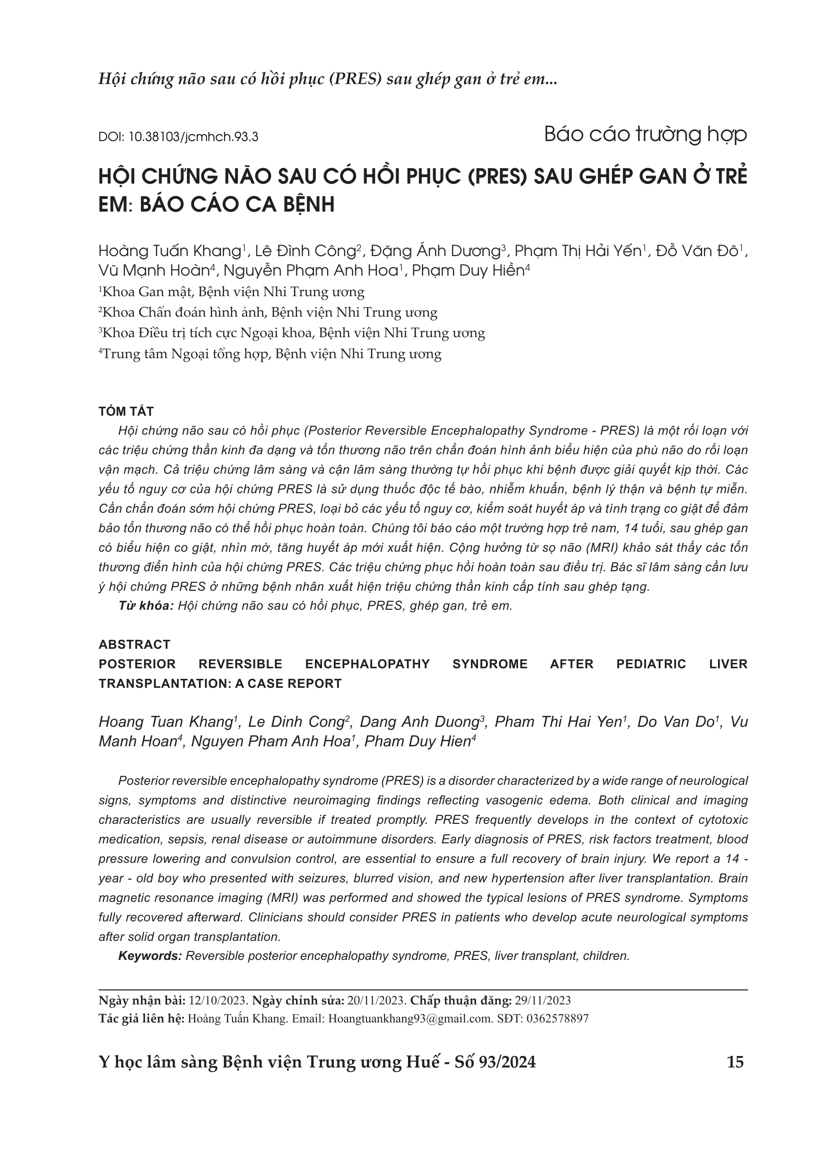 Hội chứng não sau có hồi phục (PRES) sau ghép gan ở trẻ em: báo cáo ca bệnh