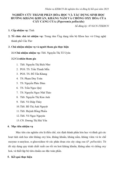 Nghiên cứu thành phần hóa học và tác dụng sinh học hướng kháng khuẩn, kháng nấm và chống oxy hóa của cây càng cua (Peperomia pellucida) (2023)
