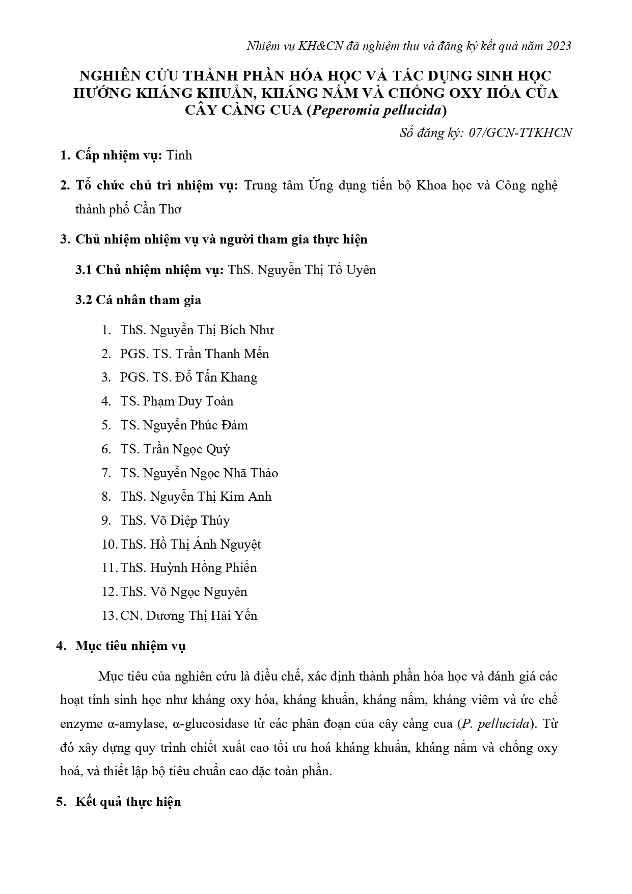Nghiên cứu thành phần hóa học và tác dụng sinh học hướng kháng khuẩn, kháng nấm và chống oxy hóa của cây càng cua (Peperomia pellucida) (2023)