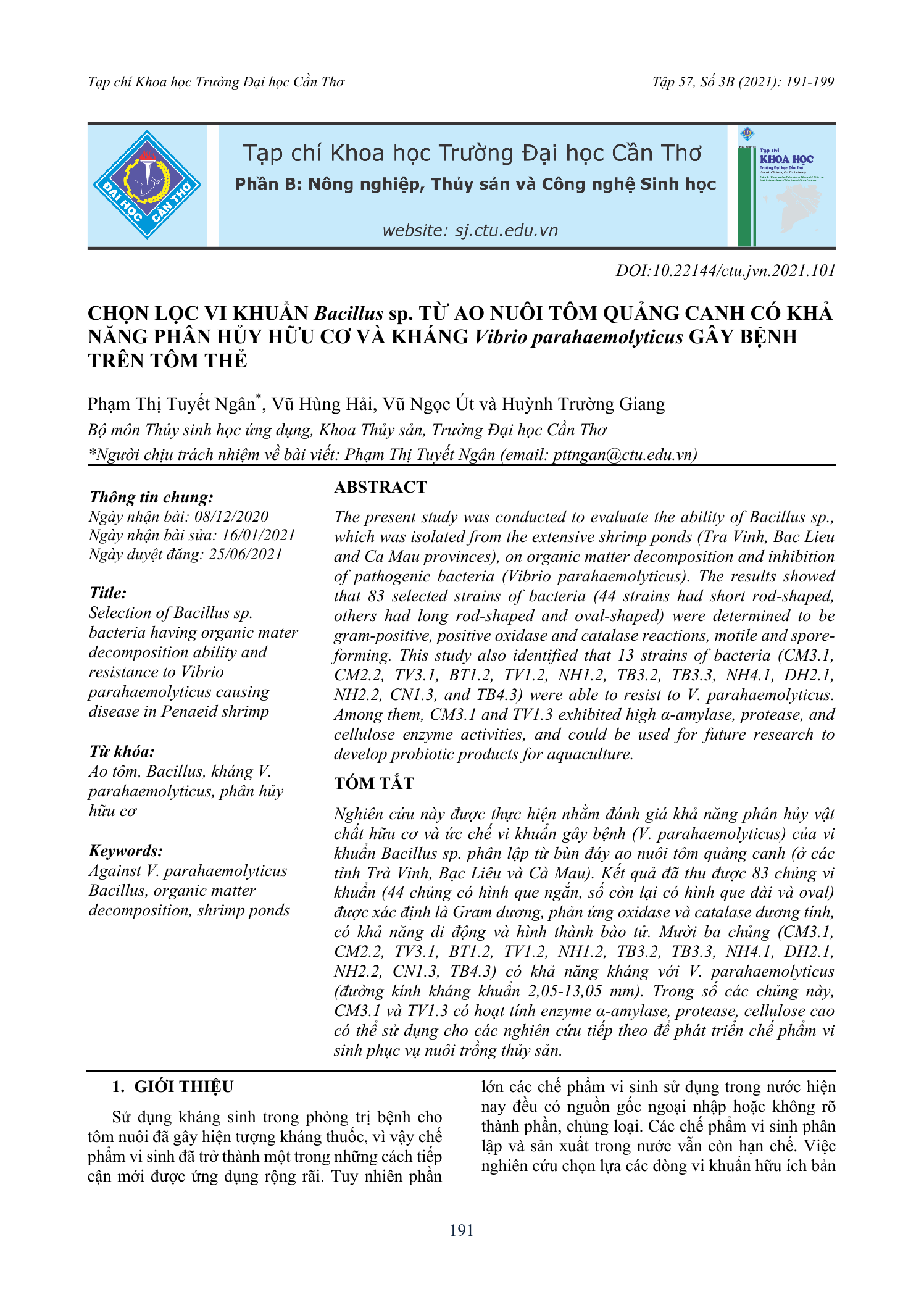 Chọn lọc vi khuẩn Bacillus sp. từ ao nuôi tôm quảng canh có khả năng phân hủy hữu cơ và kháng Vibrio parahaemolyticus gây bệnh trên tôm thẻ