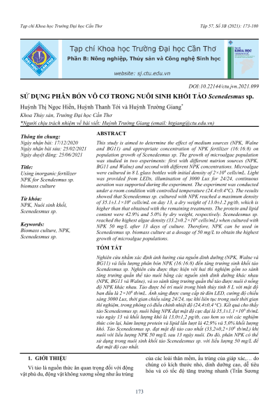 Sử dụng phân bón vô cơ trong nuôi sinh khối tảo Scenedesmus sp.