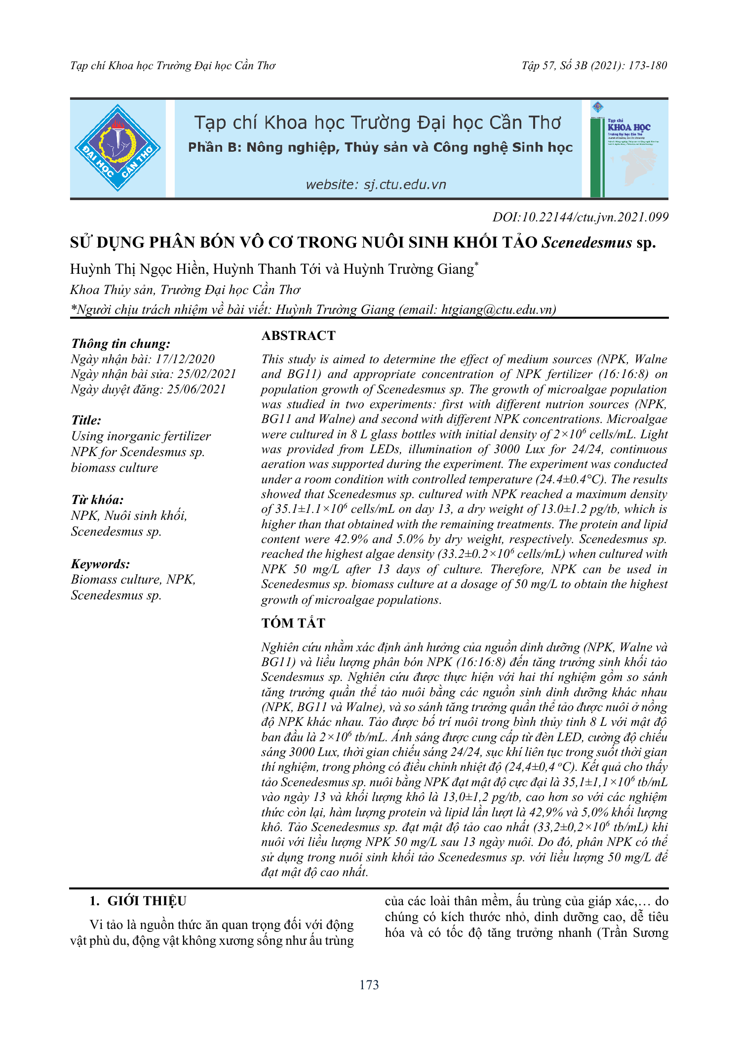 Sử dụng phân bón vô cơ trong nuôi sinh khối tảo Scenedesmus sp.