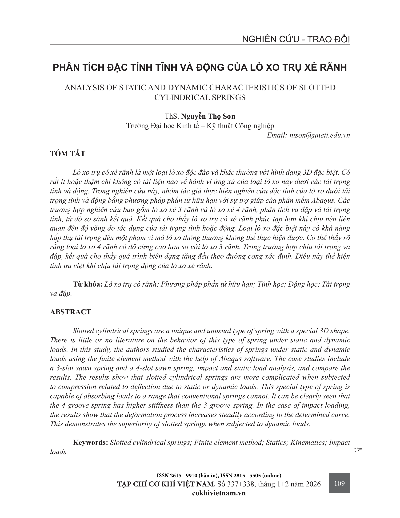 Phân tích đặc tính tĩnh và động của lò xo trụ xẻ rãnh
