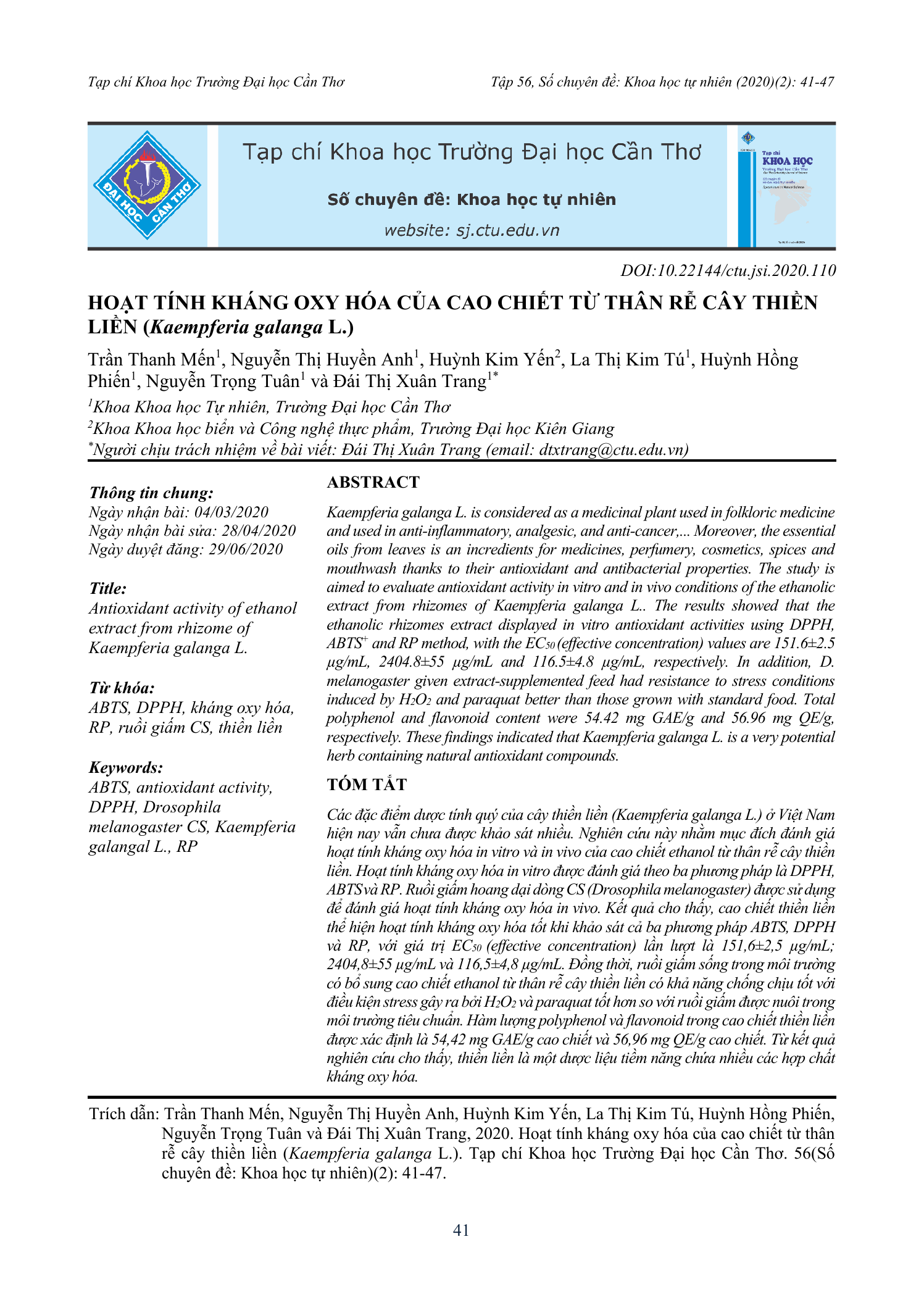 Hoạt tính kháng oxy hóa của cao chiết từ thân rễ cây thiên liền (Kaempferia galanga L.)