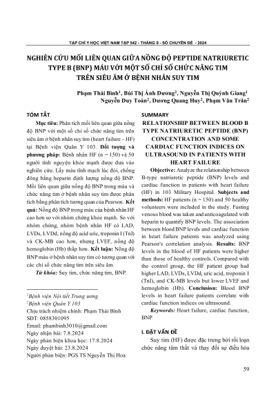Nghiên cứu mối liên quan giữa nồng độ peptide natriuretic type B (BNP) máu với một số chỉ số chức năng tim trên siêu âm ở bệnh nhân suy tim