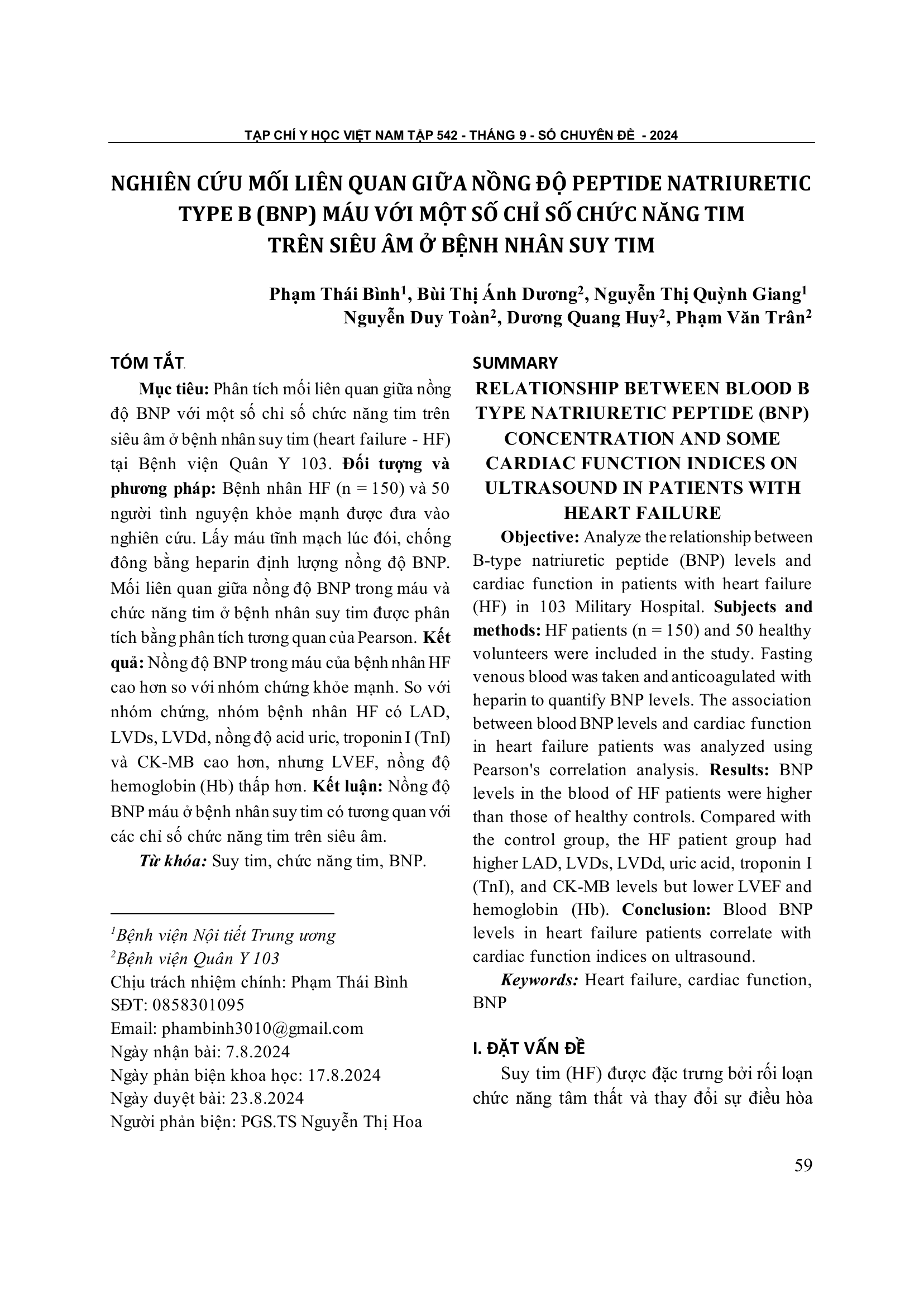 Nghiên cứu mối liên quan giữa nồng độ peptide natriuretic type B (BNP) máu với một số chỉ số chức năng tim trên siêu âm ở bệnh nhân suy tim