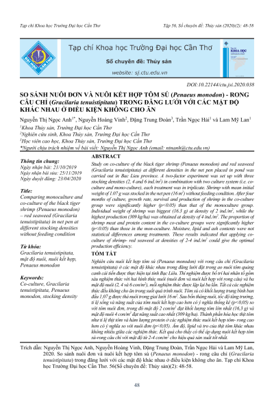 So sánh nuôi đơn và nuôi kết hợp tôm sú (Penaeus monodon) - rong câu chỉ (Gracilaria tenuistipitata) trong đăng lưới với các mật độ khác nhau ở điều kiện không cho ăn