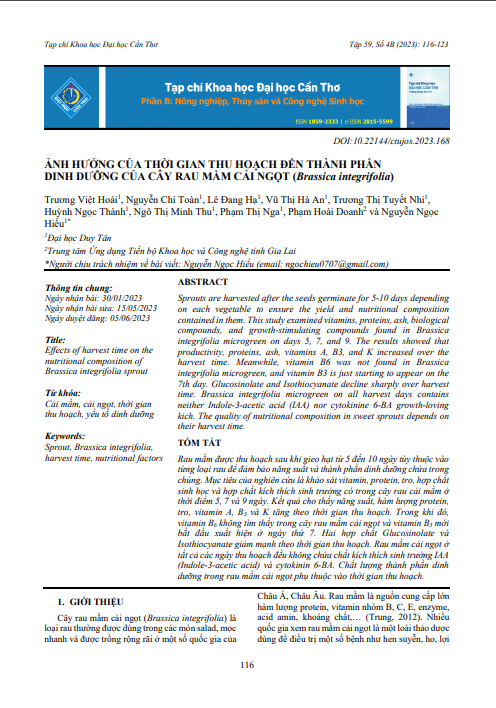 Ảnh hưởng của thời gian thu hoạch đến thành phần dinh dưỡng của cây rau mầm cải ngọt (Brassica integrifolia)