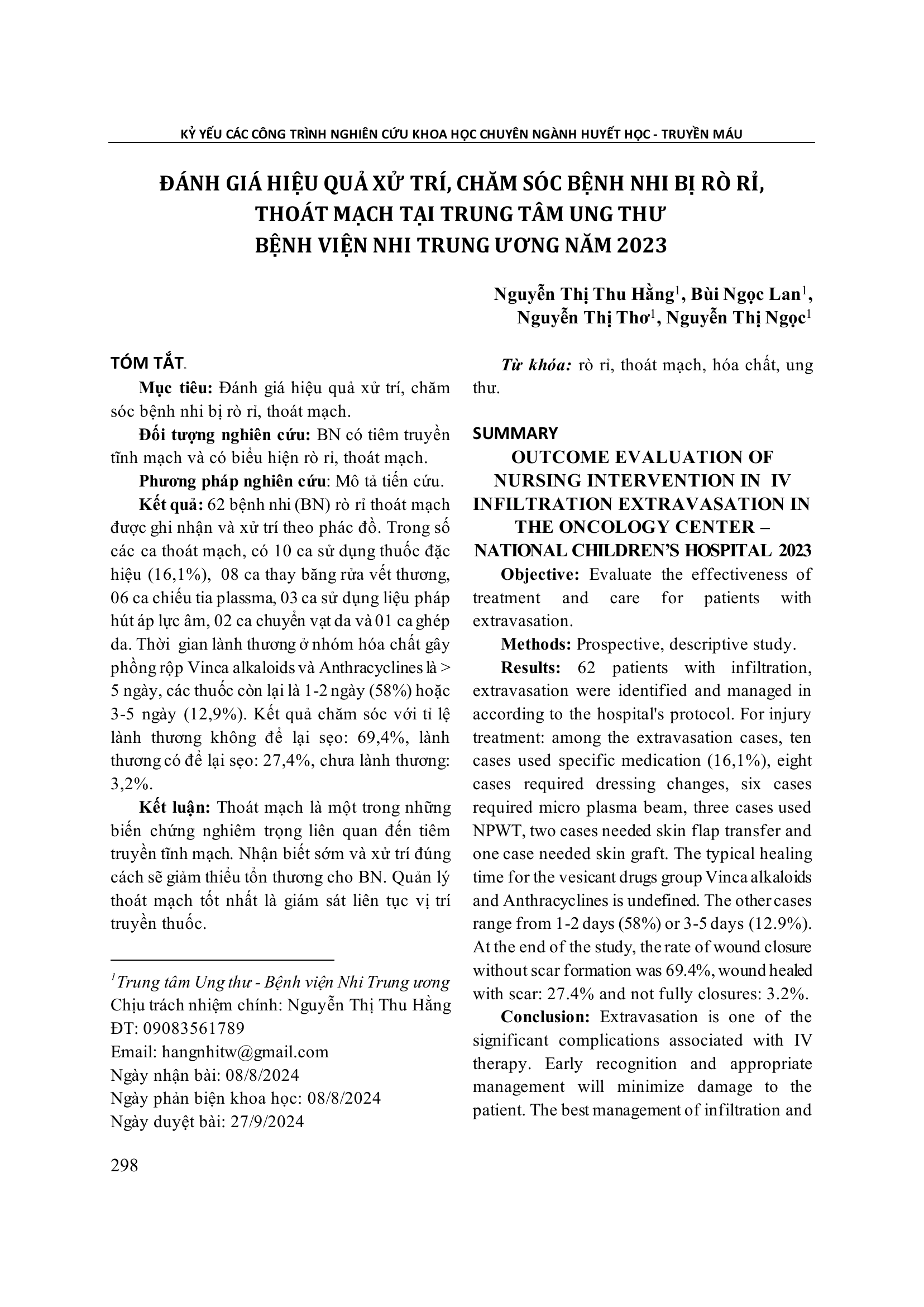Đánh giá hiệu quả xử trí, chăm sóc bệnh nhi bị rò rỉ, thoát mạch tại Trung tâm ung thư bệnh viện Nhi Trung ương năm 2023