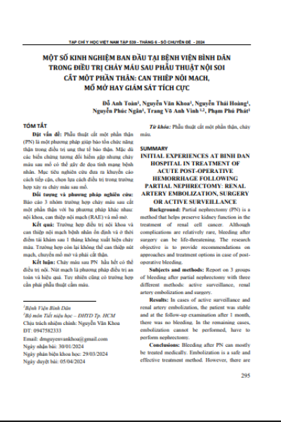 Một số kinh nghiệm ban đầu tại Bệnh viện Bình Dân trong điều trị chảy máu sau phẫu thuật nội soi cắt một phần thận: Can thiệp nội mạch, mổ mở hay giám sát tích cực