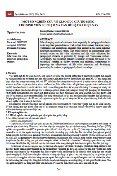 Một số nghiên cứu về giáo dục giá trị sống cho sinh viên sư phạm và vấn đề đặt ra hiện nay