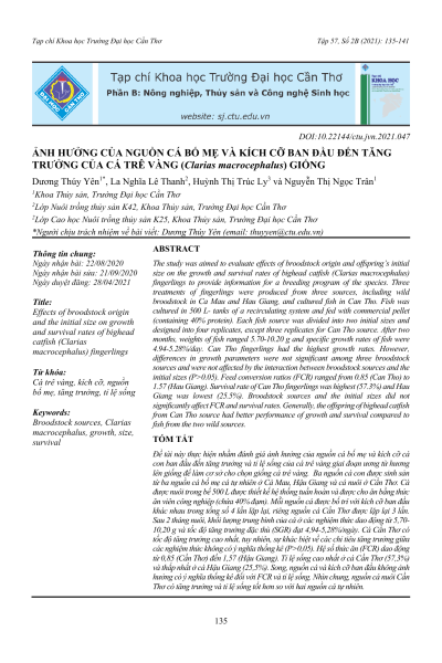 Ảnh hưởng của nguồn cá bố mẹ và kích cỡ ban đầu đến tăng trưởng của cá trê vàng (Clarias macrocephalus) giống