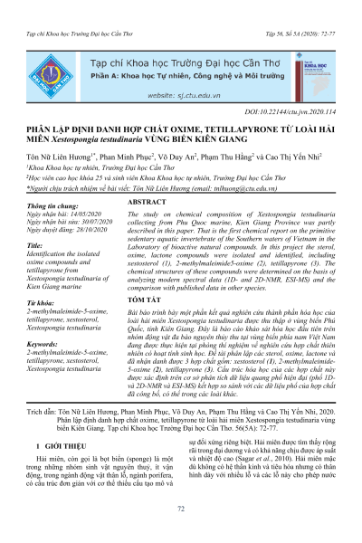 Phân lập định danh hợp chất oxime, tetillapyrone từ loài hải miên Xestospongia testudinaria vùng biển Kiên Giang