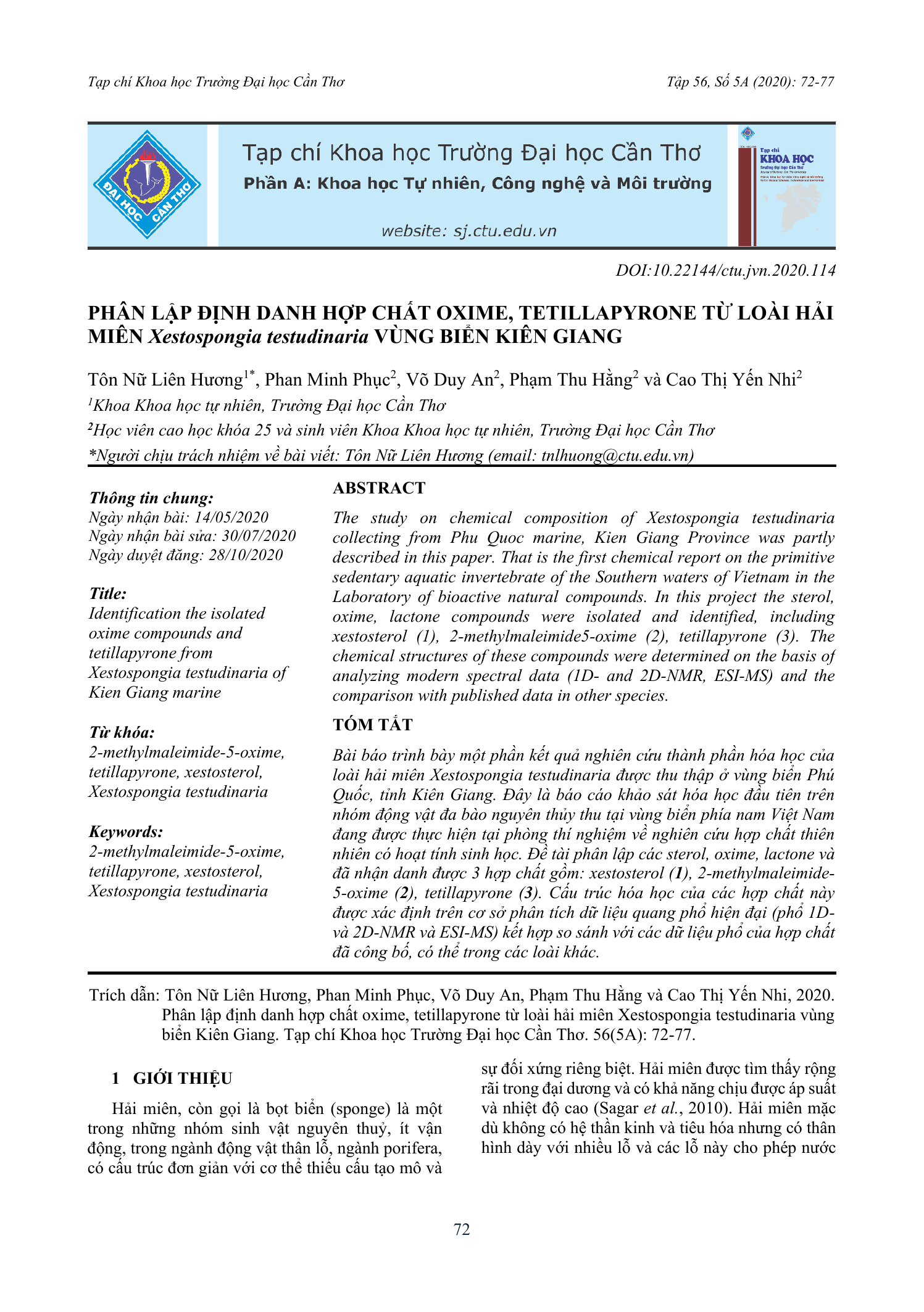 Phân lập định danh hợp chất oxime, tetillapyrone từ loài hải miên Xestospongia testudinaria vùng biển Kiên Giang