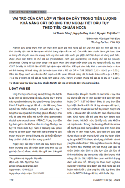 Vai trò của cắt lớp vi tính đa dãy trong tiên lượng khả năng cắt bỏ ung thư ngoại tiết đầu tụy theo tiêu chuẩn NCCNovember