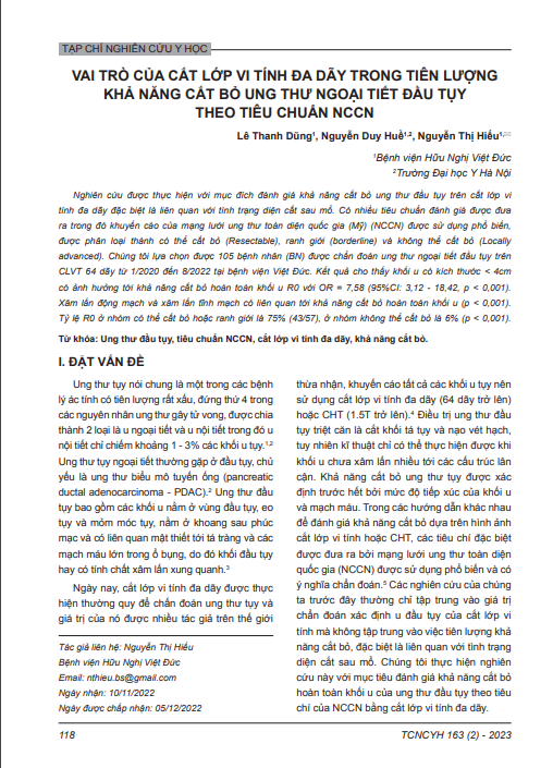Vai trò của cắt lớp vi tính đa dãy trong tiên lượng khả năng cắt bỏ ung thư ngoại tiết đầu tụy theo tiêu chuẩn NCCNovember