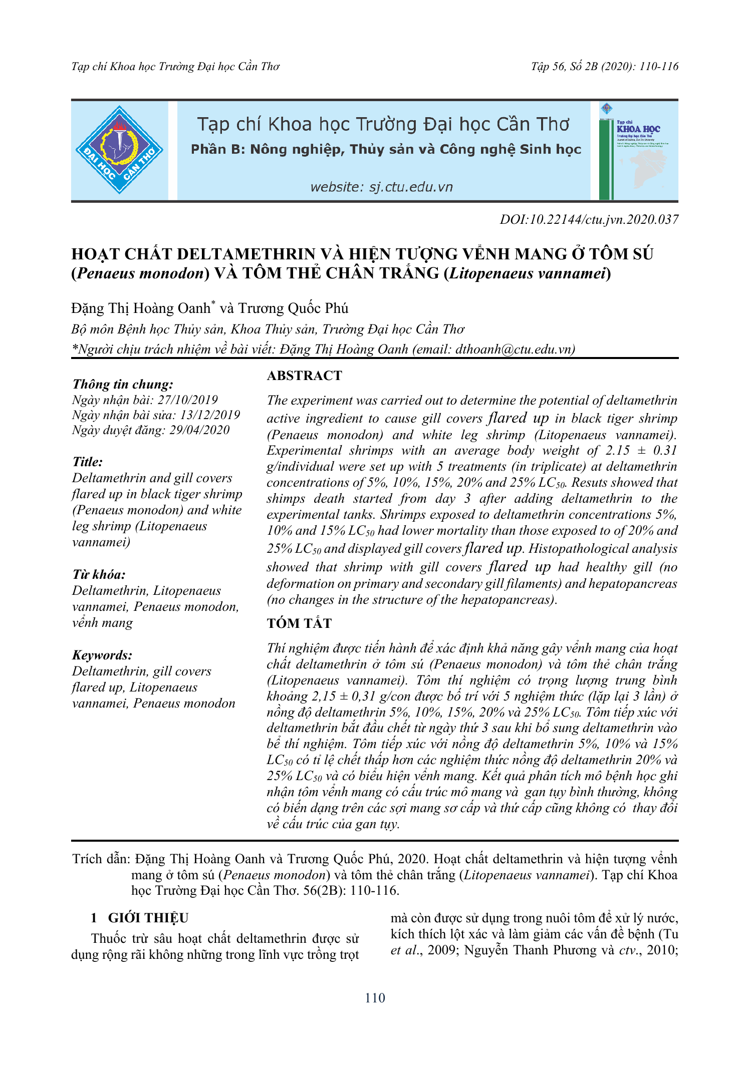 Hoạt chất deltamethrin và hiện tượng vểnh mang ở tôm sú (Penaeus monodon) và tôm thẻ chân trắng (Litopenaeus vannamei)