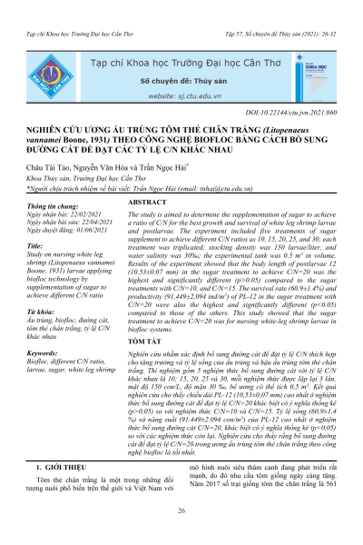 Nghiên cứu ương ấu trùng tôm thẻ chân trắng theo công nghệ biofloc bằng cách bổ sung đường cát để đạt các tỷ lệ C/N khác nhau