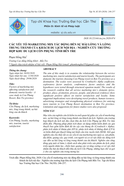 Các yếu tố marketing mix tác động đến sự hài lòng và lòng trung thành của khách du lịch nội địa - Nghiên cứu trường hợp khu du lịch Cồn Phụng tỉnh Bến Tre