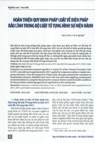 Hoàn thiện quy định pháp luật về biện pháp bảo lĩnh trong Bộ luật Tố tụng hình sự hiện hành