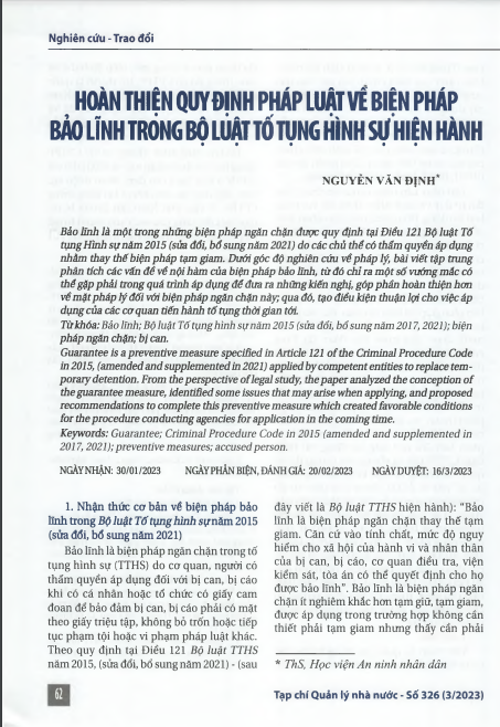 Hoàn thiện quy định pháp luật về biện pháp bảo lĩnh trong Bộ luật Tố tụng hình sự hiện hành