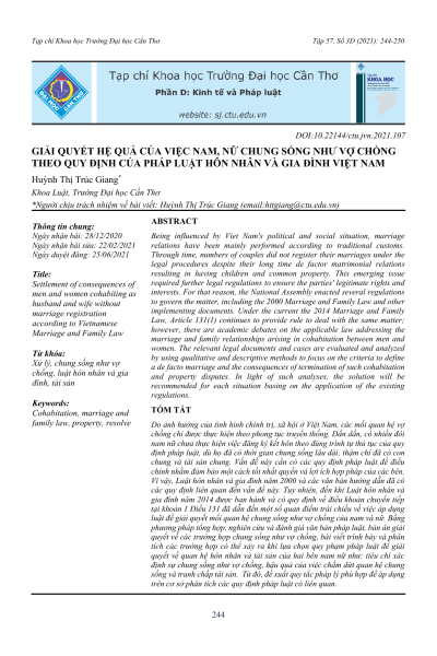 Giải quyết hệ quả của việc nam, nữ chung sống như vợ chồng theo quy định của pháp luật hôn nhân và gia đình Việt Nam