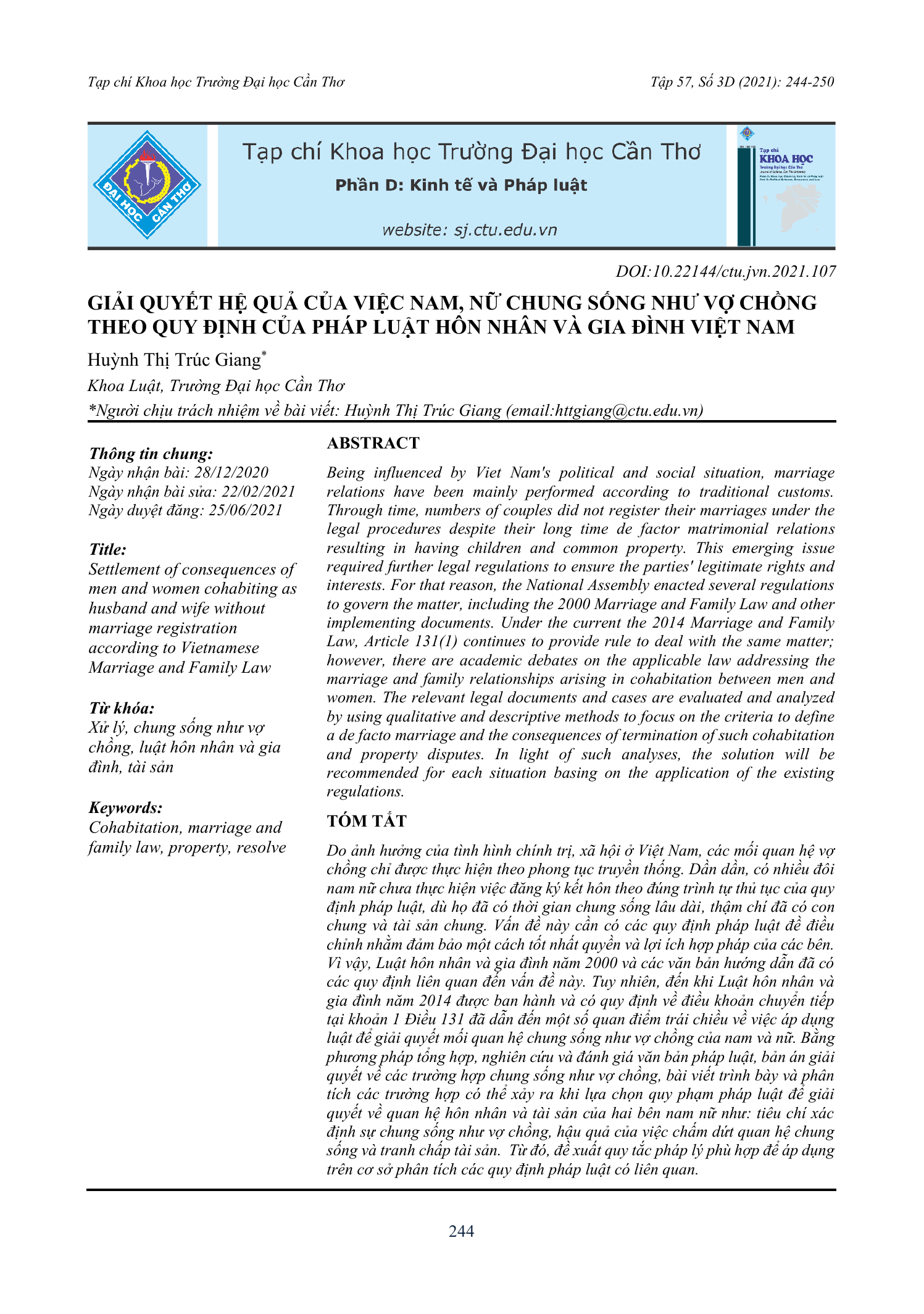 Giải quyết hệ quả của việc nam, nữ chung sống như vợ chồng theo quy định của pháp luật hôn nhân và gia đình Việt Nam