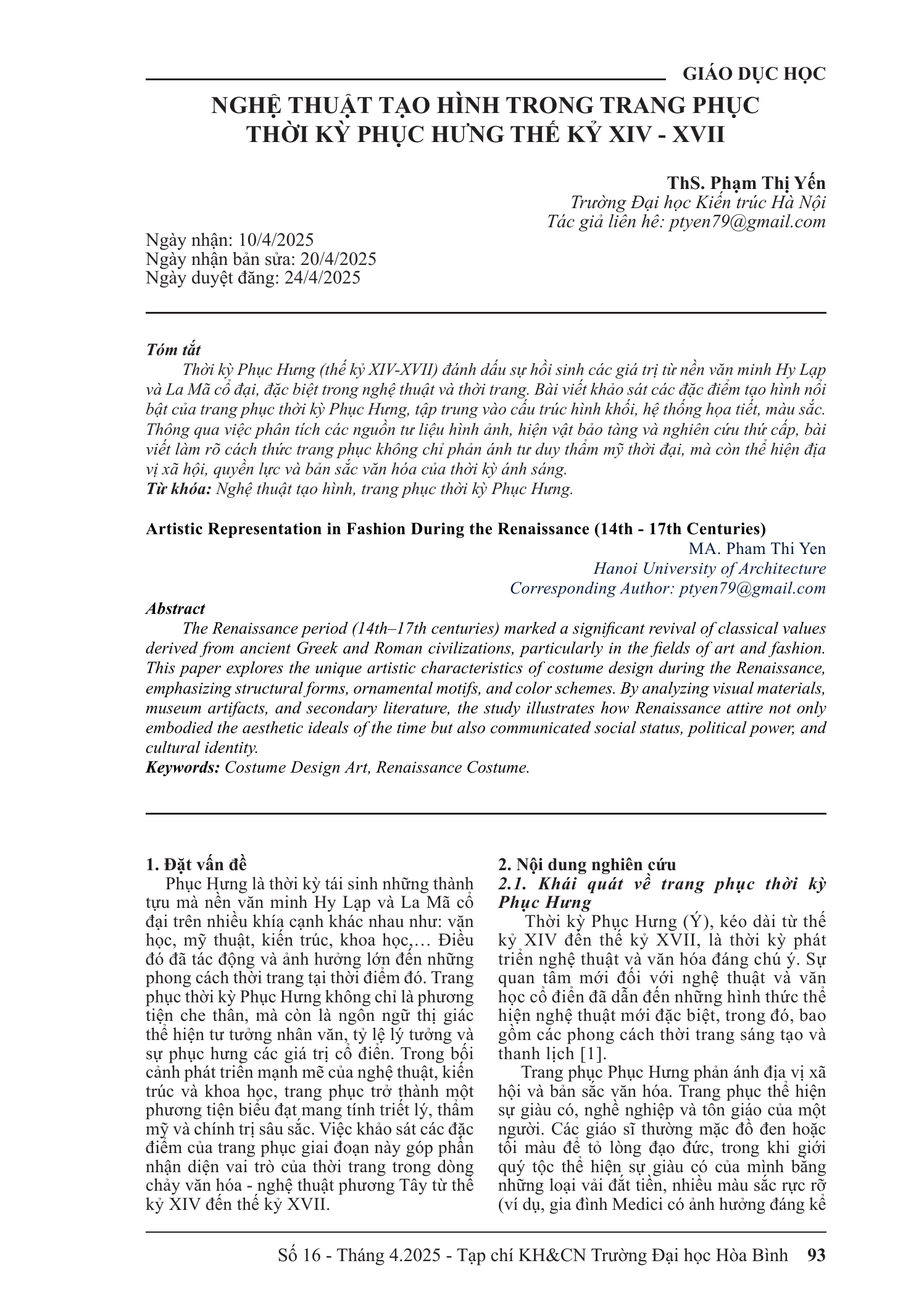 Nghệ thuật tạo hình trong trang phục thời kỳ Phục Hưng thế kỷ XIV – XVII