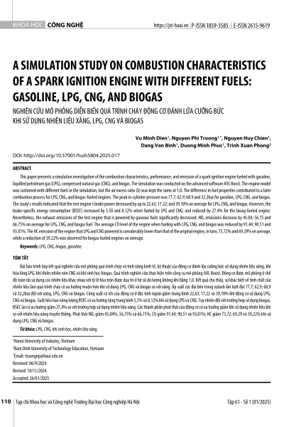 Nghiên cứu mô phỏng diễn biến quá trình cháy động cơ đánh lửa cưỡng bức khi sử dụng nhiên liệu xăng, LPG, CNG và biogas