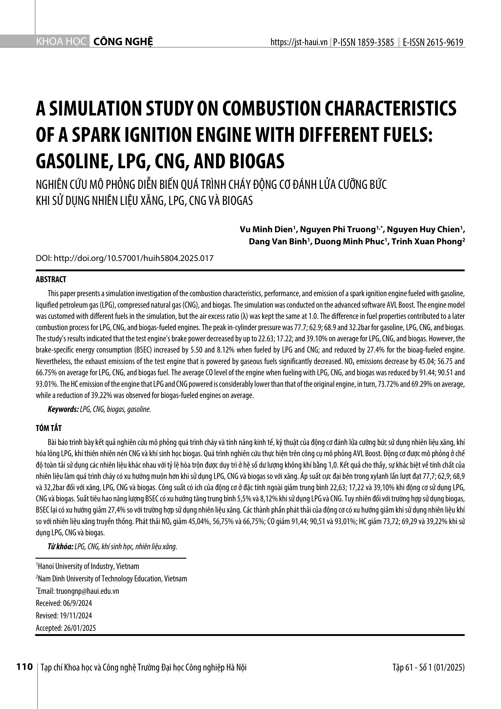 Nghiên cứu mô phỏng diễn biến quá trình cháy động cơ đánh lửa cưỡng bức khi sử dụng nhiên liệu xăng, LPG, CNG và biogas