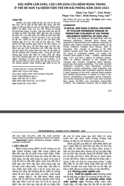 Đặc điểm lâm sàng, cận lâm sàng của bệnh màng trong ở trẻ đẻ non tại Bệnh viện trẻ em Hải Phòng năm 2020-2021