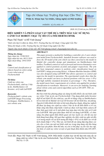 Điều khiển và phân loại vật thể dựa trên màu sắc sử dụng cánh tay robot 3 bậc tự do của Fischertechnik