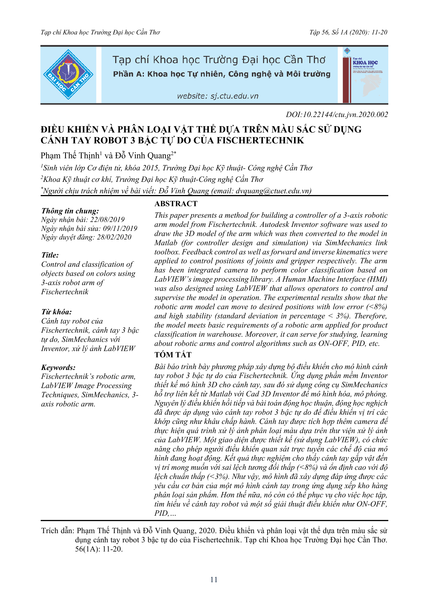 Điều khiển và phân loại vật thể dựa trên màu sắc sử dụng cánh tay robot 3 bậc tự do của Fischertechnik