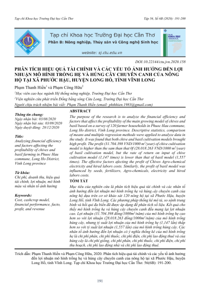 Phân tích hiệu quả tài chính và các yếu tố ảnh hưởng đến lợi nhuận mô hình trồng hẹ và húng cây chuyên canh của nông hộ tại xã Phước Hậu, huyện Long Hồ, tỉnh Vĩnh Long