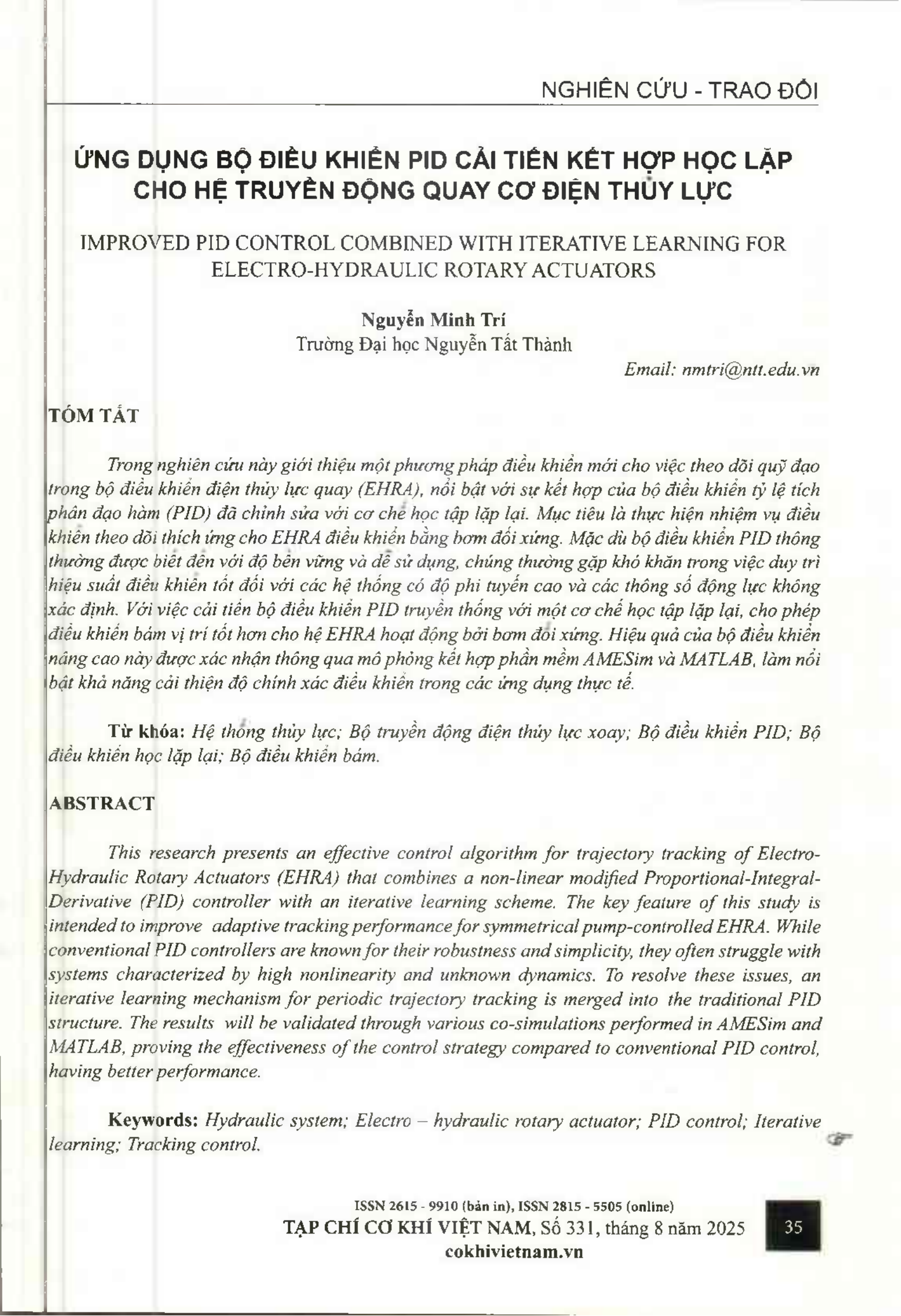Ứng dụng bộ điều khiển PID cải tiến kết hợp học lặp cho hệ truyền động quay cơ điện thủy lực