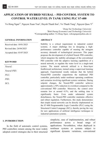 Ứng dụng hệ thống điều khiển lai giữa mạng nơ-ron và PID để điều khiển mực nước trong bể chứa bằng PLC S7-400