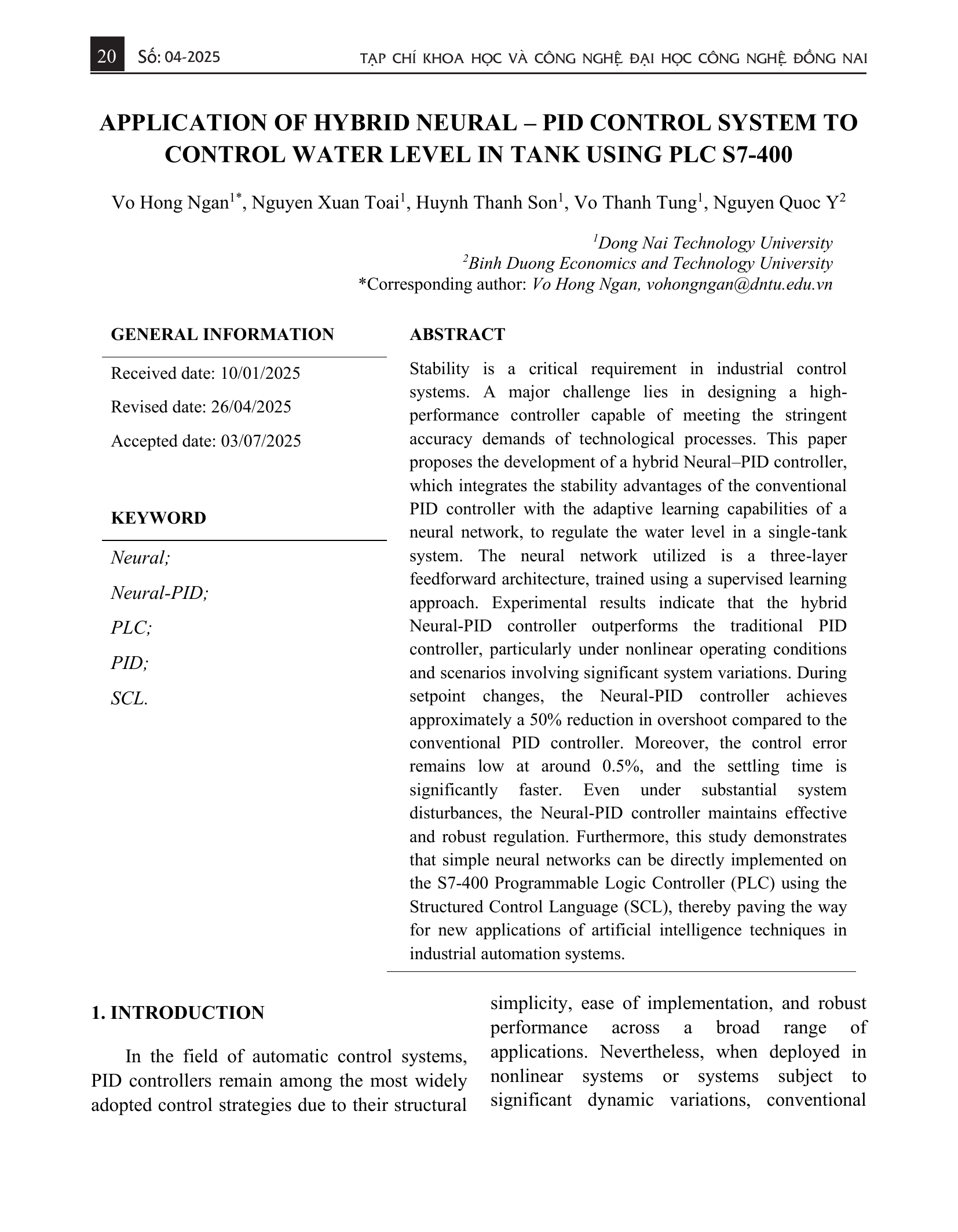 Ứng dụng hệ thống điều khiển lai giữa mạng nơ-ron và PID để điều khiển mực nước trong bể chứa bằng PLC S7-400