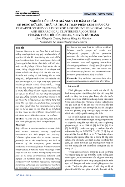 Nghiên cứu đánh giá nguy cơ đâm va tàu sử dụng dữ liệu thực và thuật toán phân cụm phân cấp