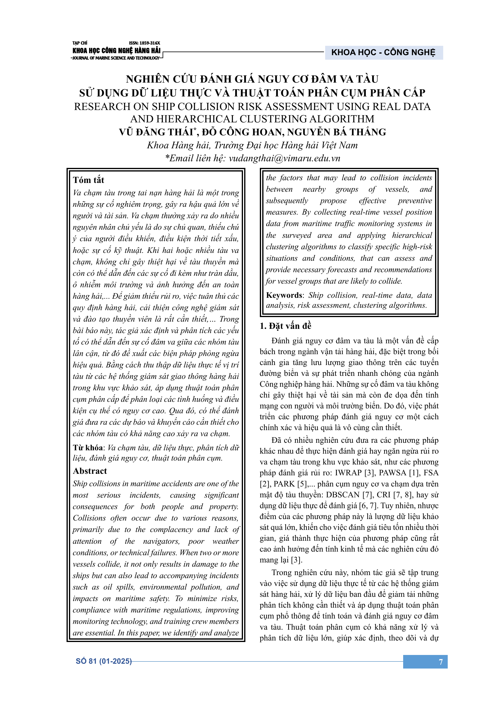 Nghiên cứu đánh giá nguy cơ đâm va tàu sử dụng dữ liệu thực và thuật toán phân cụm phân cấp