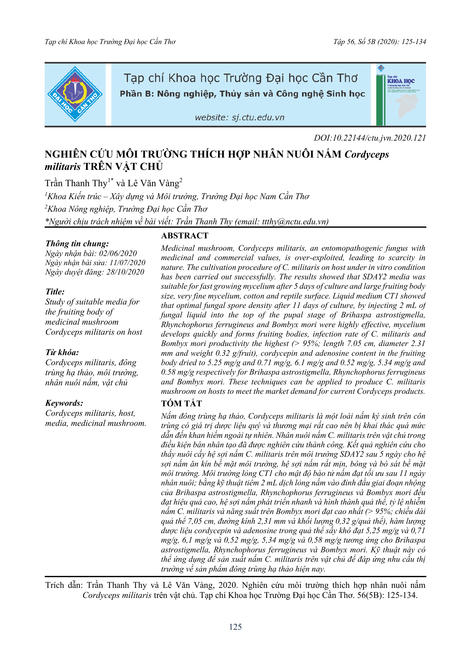 Nghiên cứu môi trường thích hợp nhân nuôi nấm Cordyceps militaris trên vật chủ