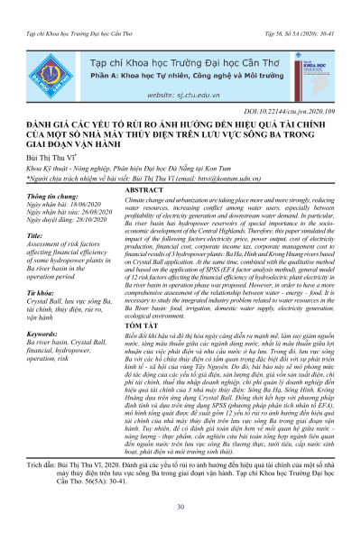 Đánh giá các yếu tố rủi ro ảnh hưởng đến hiệu quả tài chính của một số nhà máy thủy điện trên lưu vực sông Ba trong giai đoạn vận hành