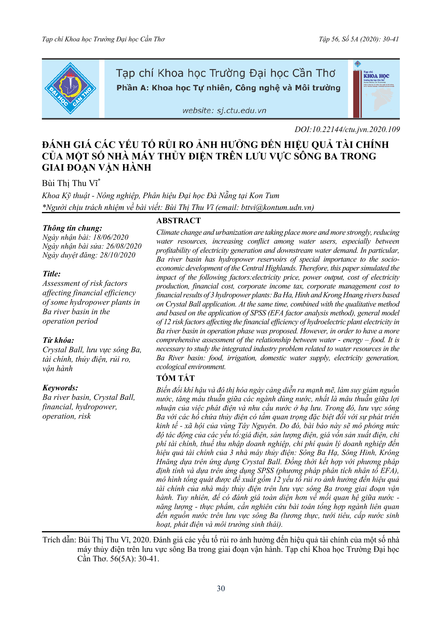 Đánh giá các yếu tố rủi ro ảnh hưởng đến hiệu quả tài chính của một số nhà máy thủy điện trên lưu vực sông Ba trong giai đoạn vận hành